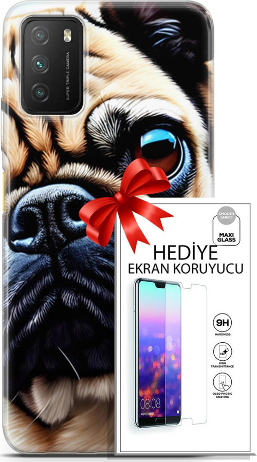 Xiaomi Poco M3 Kılıf Orijinal Seri Dogs 08 Pug Baskılı Kılıf + Ekran Koruyucu