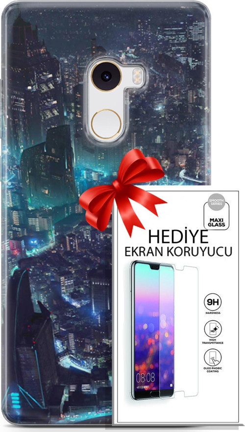 Xiaomi Mi Mix 2 Kılıf Orijinal Seri Cyberpunk 17 Işıklı Şehir Yumuşak Kılıf + Ekran Koruyucu