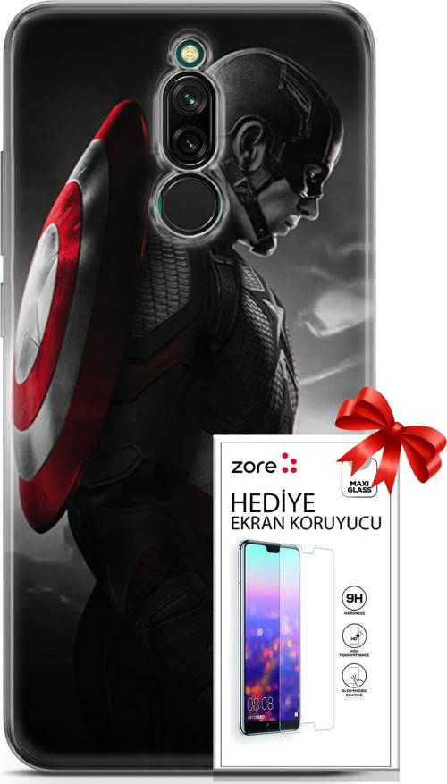 Xiaomi Redmi 8 Kılıf Orijinal Seri Supers 18 Captain America Parlak Kılıf + Ekran Koruyucu Full Koruma
