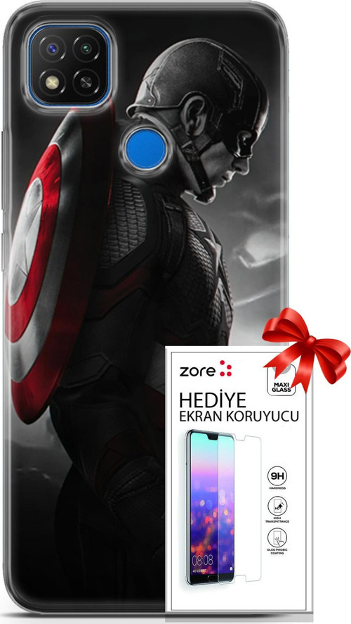 Xiaomi Redmi 10A Kılıf Orijinal Seri Supers 18 Captain America Parlak Kılıf + Ekran Koruyucu Full Koruma