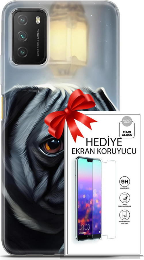 Xiaomi Poco M3 Kılıf Orijinal Seri Dogs 30 Pug Kenarları Şeffaf Kapak Ve Ekran Koruyucu