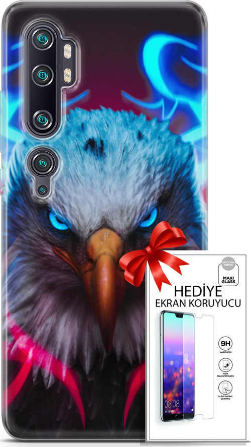 Xiaomi Mi Note 10 Pro Kılıf Orijinal Seri Algorand 11 Baykuş Sert 4K Baskılı Kılıf + Ekran Koruyucu