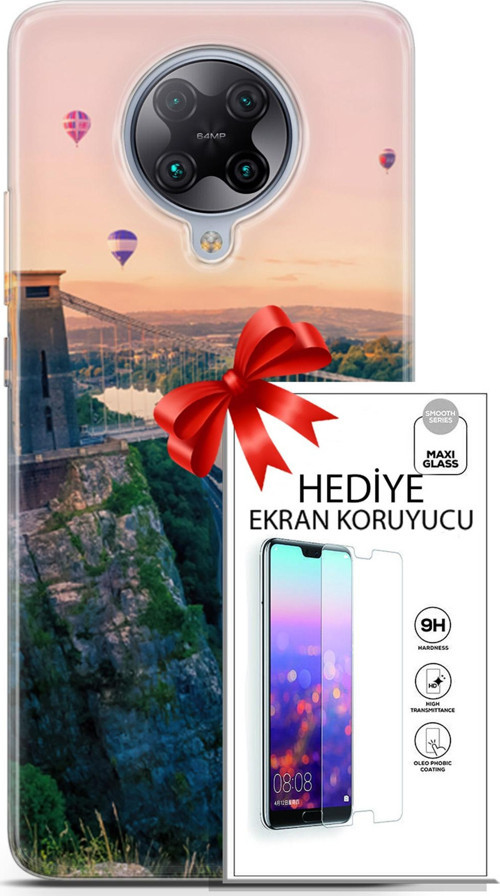 Xiaomi Poco F2 Pro Kılıf Orijinal Seri Fantasy 07 Köprü Balonlar Desenli Kılıf + Ön Ekran Koruyucu
