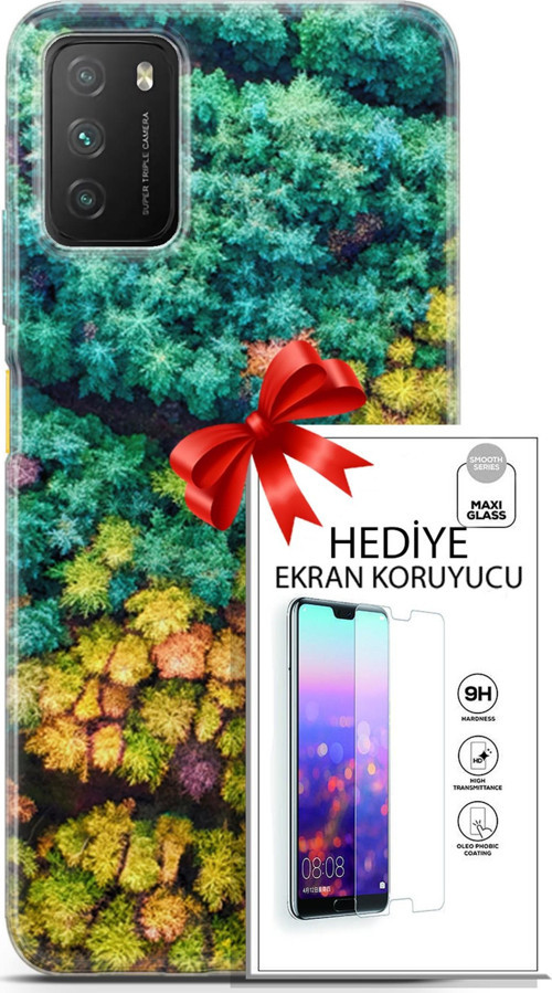 Xiaomi Poco M3 Kılıf Orijinal Seri Fantasy 08 Kuşbakışı Orman Baskılı Kılıf + Ekran Koruyucu