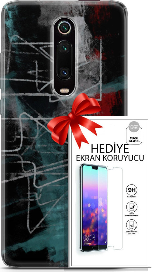 Xiaomi Mi 9T Kılıf Orijinal Seri Nature 07 Gri Çizgiler Desenli Kılıf + Ön Ekran Koruyucu