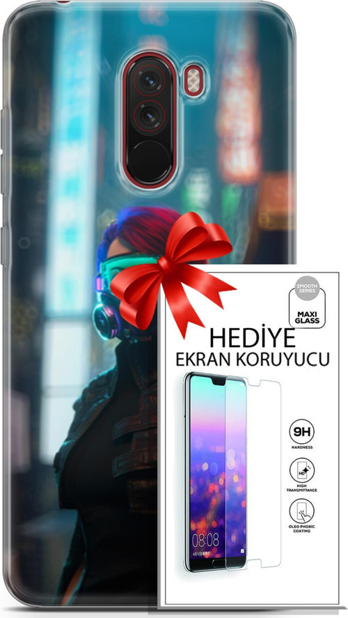 Xiaomi Pocophone F1 Kılıf Orijinal Seri Cyberpunk 04 Vr Glass Silikon Kılıf + Ekran Koruyucu Full Koruma