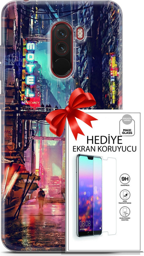 Xiaomi Pocophone F1 Kılıf Orijinal Seri Cyberpunk 14 Motel Cover Kılıf + Ön Ekran Koruyucu
