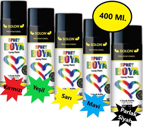 Sprey Boya 400 Ml Gökkuşağı (Sarı, Mavi, Yeşil, Kırmızı Ve Parlak Siyah) 5 Renk