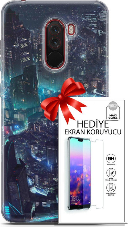 Xiaomi Pocophone F1 Kılıf Orijinal Seri Cyberpunk 17 Işıklı Şehir Yumuşak Kılıf + Ekran Koruyucu