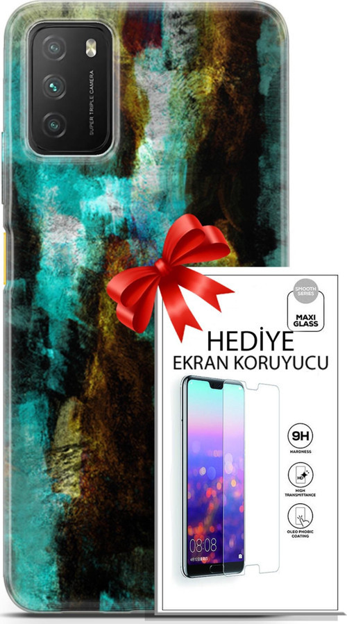 Xiaomi Poco M3 Kılıf Orijinal Seri Nature 12 Kahve Yeşil Tasarım Kılıf + Ekran Koruyucu