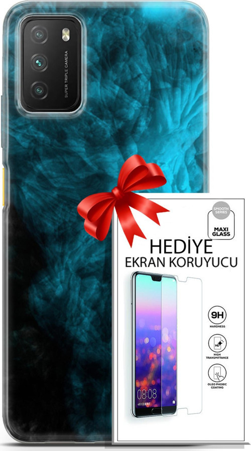 Xiaomi Poco M3 Kılıf Orijinal Seri Nature 15 Mavi Taşlar Kalın Silikon + Ekran Koruyucu
