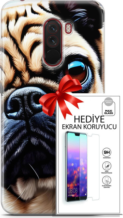 Xiaomi Pocophone F1 Kılıf Orijinal Seri Dogs 08 Pug Baskılı Kılıf + Ekran Koruyucu