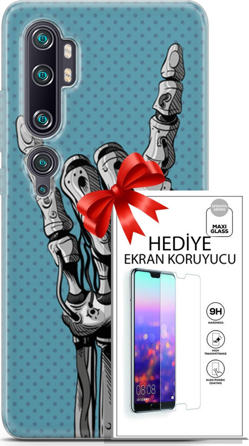 Xiaomi Mi Note 10 Pro Kılıf Orijinal Seri Cyberpunk 07 Robot Eli Desenli Kılıf + Ön Ekran Koruyucu