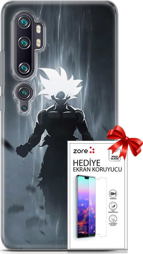 Xiaomi Mi Note 10 Pro Kılıf Orijinal Seri Supers 27 Dark Goku Lazer Kesim Silikon Ekran Koruyucu