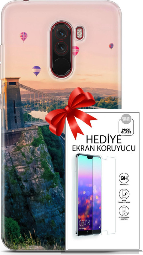 Xiaomi Pocophone F1 Kılıf Orijinal Seri Fantasy 07 Köprü Balonlar Desenli Kılıf + Ön Ekran Koruyucu