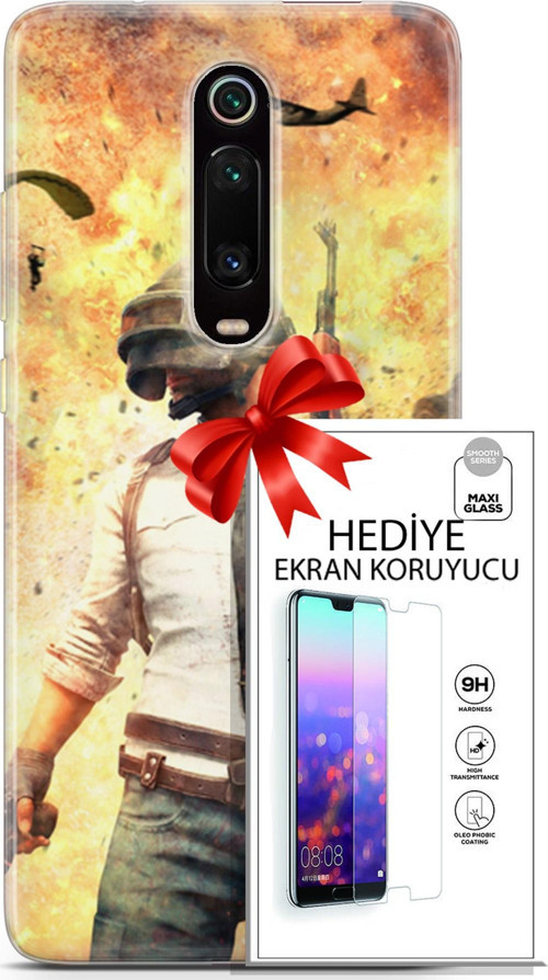 Xiaomi Mi 9T Kılıf Orijinal Seri Pubg 29 Uçak Paraşüt Leke Tutmaz Kapak + Ekran Koruyucu