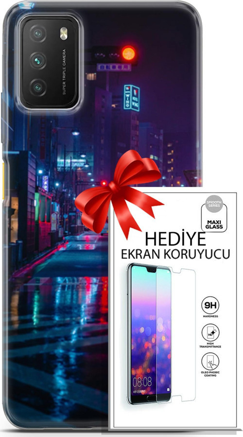 Xiaomi Poco M3 Kılıf Orijinal Seri Cyberpunk 15 Neon Cadde Kalın Silikon + Ekran Koruyucu