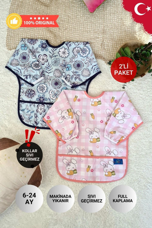 Flower Ve Carrot Desenli 2'Li Paket Sıvı Geçirmez Kız Çocuk Aktivite Ve Mama Önlüğü 6-24 Ay