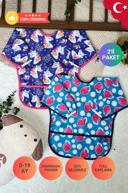 Unicorn Ve Çilek Desenli 2'Li Paket Sıvı Geçirmez Kız Çocuk Aktivite Ve Mama Önlüğü 6-24 Ay