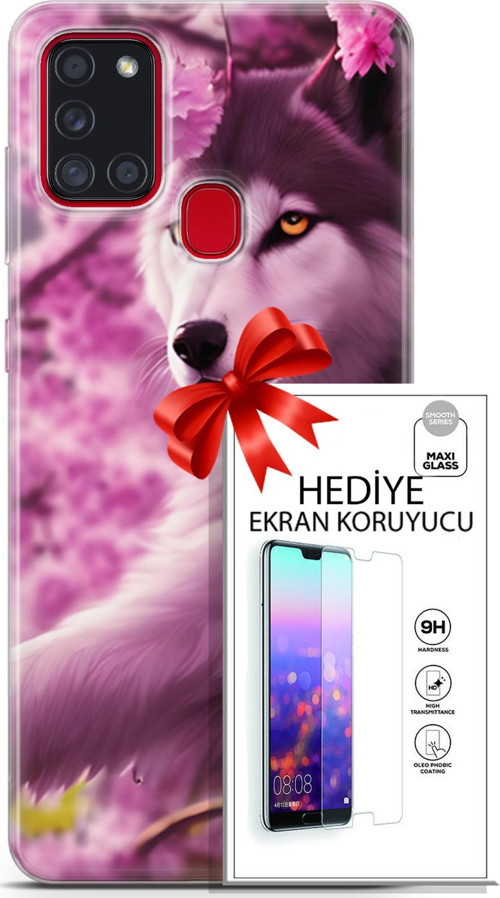 Samsung Galaxy A21S Kılıf Orijinal Seri Dogs 02 Çiçekler Ve Kurt Kapak Ve Ekran Koruyucu