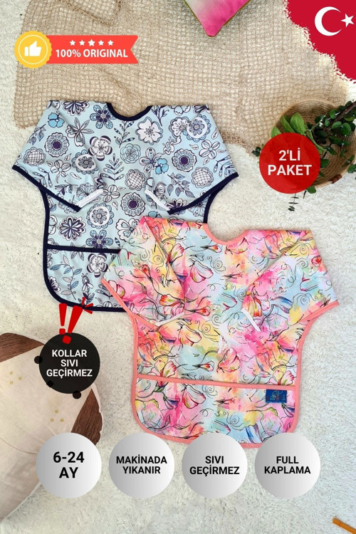 Flower Ve Ebru Desenli 2'Li Paket Sıvı Geçirmez Kız Çocuk Aktivite Ve Mama Önlüğü 6-24 Ay