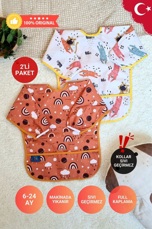 Roar Ve Rainbow Desenli 2'Li Paket Sıvı Geçirmez Unisex Çocuk Aktivite Ve Mama Önlüğü 6-24 Ay