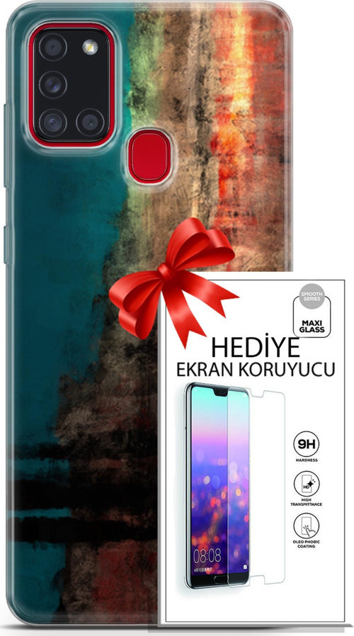 Samsung Galaxy A21S Kılıf Orijinal Seri Nature 03 Yeşil Turuncu Taş Arka Kapak + Ekran Koruyucu