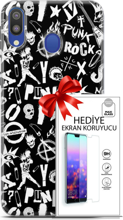 Samsung Galaxy M20 Kılıf Orijinal Seri Punky 18 Rock Punk Parlak Kılıf + Ekran Koruyucu Full Koruma