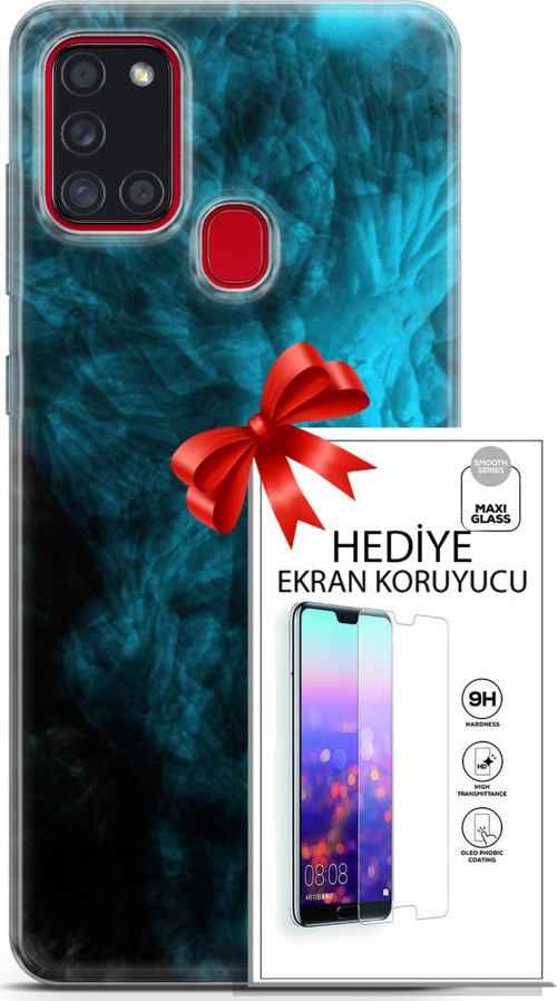Samsung Galaxy A21S Kılıf Orijinal Seri Nature 15 Mavi Taşlar Kalın Silikon + Ekran Koruyucu