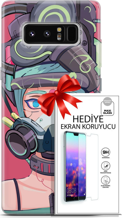 Samsung Galaxy Note 8 Kılıf Orijinal Seri Cyberpunk 06 Gaz Maskesi Koruyucu Kapak Ekran Koruyucu