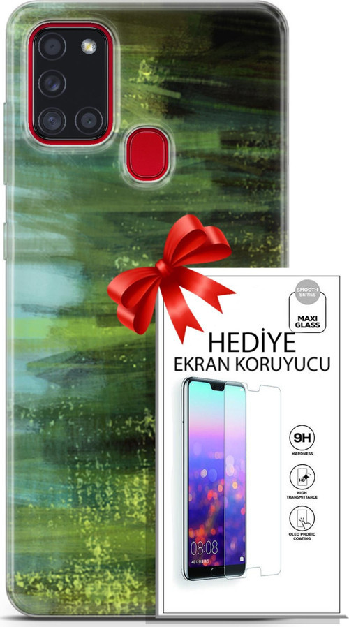 Samsung Galaxy A21S Kılıf Orijinal Seri Nature 21 Çalılar Darbe Önleyici Kapak + Ön Ekran Koruyucu