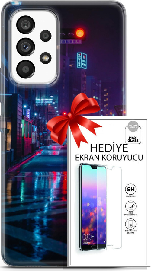 Samsung Galaxy A53 5G Kılıf Orijinal Seri Cyberpunk 15 Neon Cadde Kalın Silikon + Ekran Koruyucu