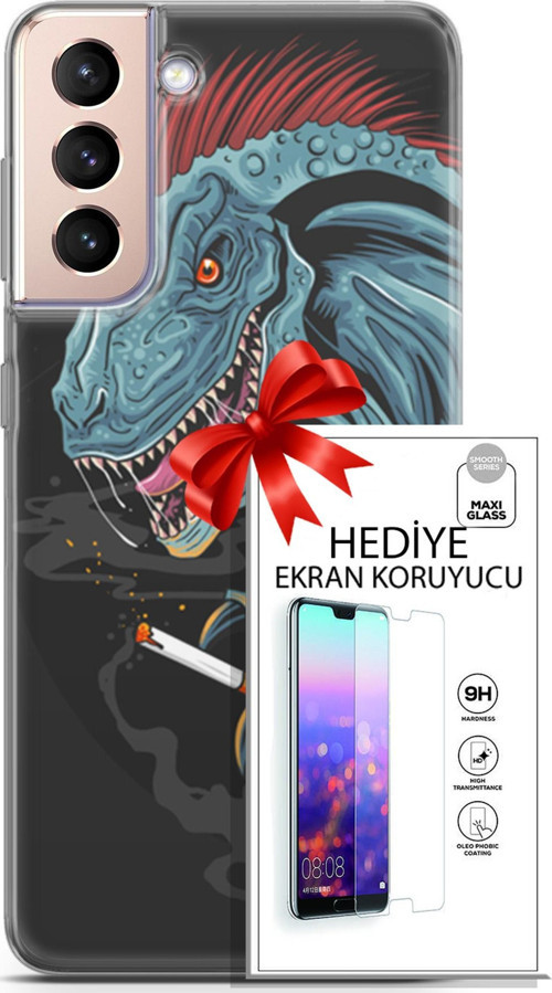 Samsung Galaxy S21 Plus Kılıf Orijinal Seri Punky 19 Dinozor Punk Tam Koruma Kılıf + Ekran Koruyucu