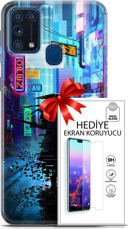 Samsung Galaxy M31 Kılıf Orijinal Seri Cyberpunk 29 Open Leke Tutmaz Kapak + Ekran Koruyucu
