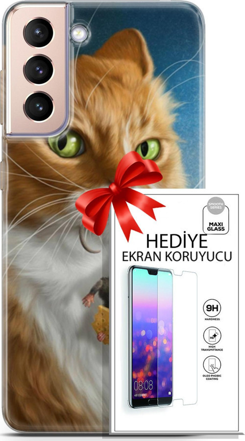 Samsung Galaxy S21 Plus Kılıf Orijinal Seri Scotish-British 14 Sibirya Kedisi Avcı Cover Kılıf + Ekran Koruyucu