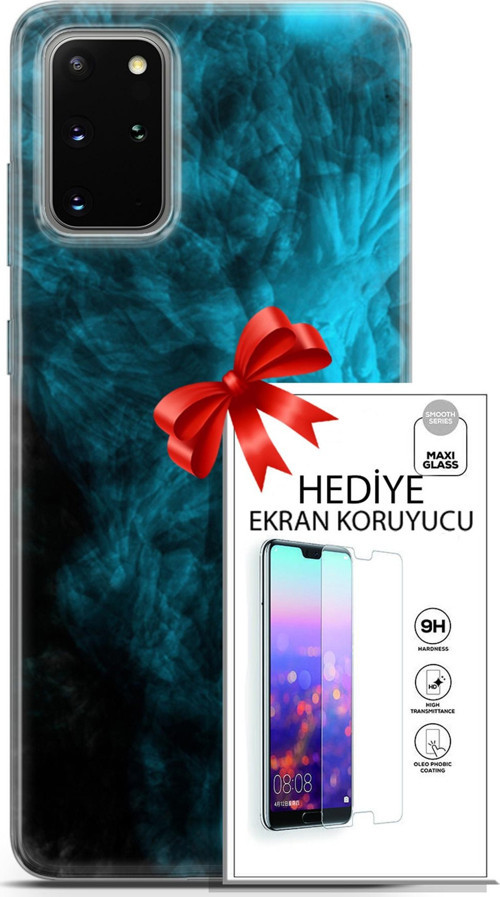 Samsung Galaxy S20 Plus Kılıf Orijinal Seri Nature 15 Mavi Taşlar Kalın Silikon + Ekran Koruyucu
