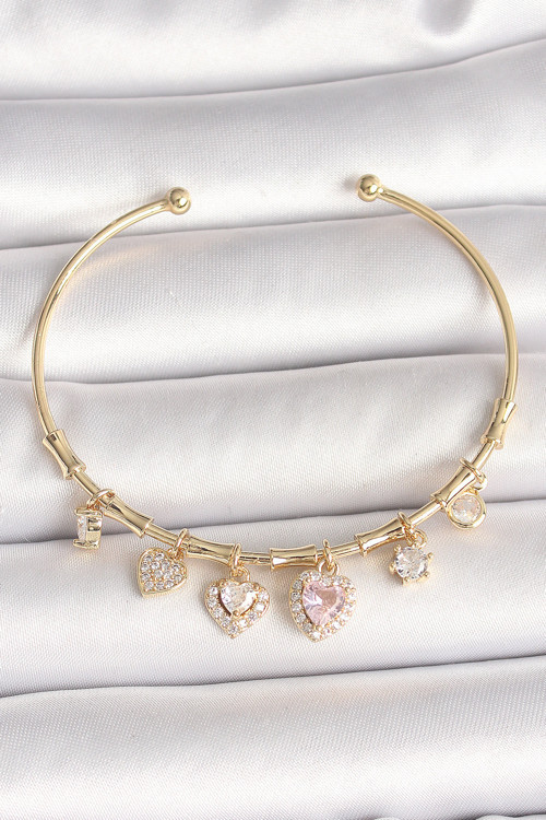 Pirinç Gold Renk Sallantı Pembe Zirkon Taşlı Kalp Figür Charm Kadın Bileklik SL11149