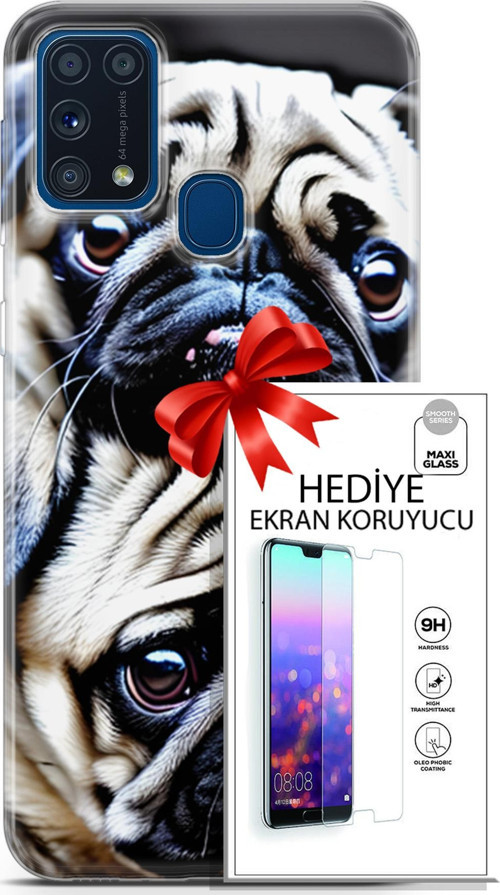 Samsung Galaxy M31 Kılıf Orijinal Seri Dogs 20 İkili Pug Renkli Kılıf Ekran Koruyucu
