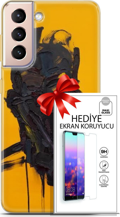 Samsung Galaxy S21 Plus Kılıf Orijinal Seri Soul 07 Sarı Siyah Desenli Kılıf + Ön Ekran Koruyucu