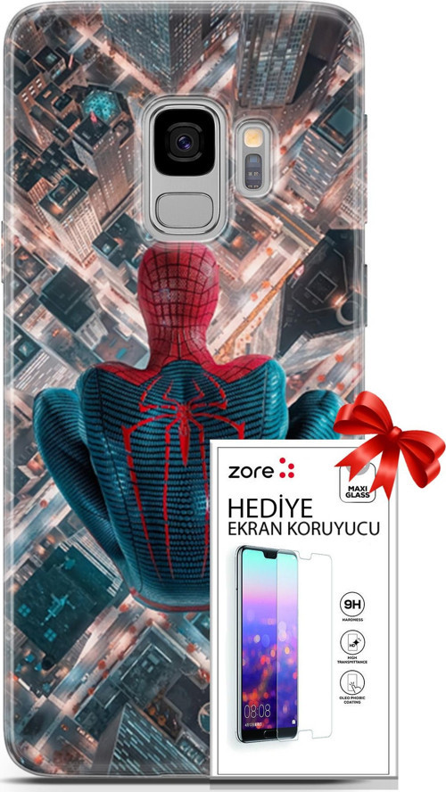 Samsung Galaxy S9 Kılıf Orijinal Seri Supers 07 Spider Man Newyork Desenli Kılıf + Ön Ekran Koruyucu