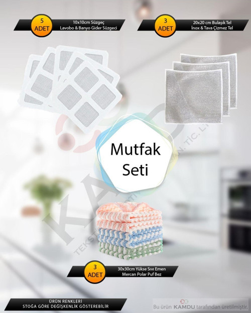 Temizlik Seti, 3Ad 20X20Cm Çizmez Tel + 5Ad 9X9Cm Gider Süzgeci + 3Ad 30X30Cm Mercan Polar Puf Bez
