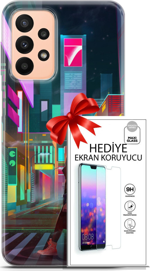 Samsung Galaxy A23 4G Kılıf Orijinal Seri Cyberpunk 05 Neon City Koruma Kılıfı + Ekran Koruyucu