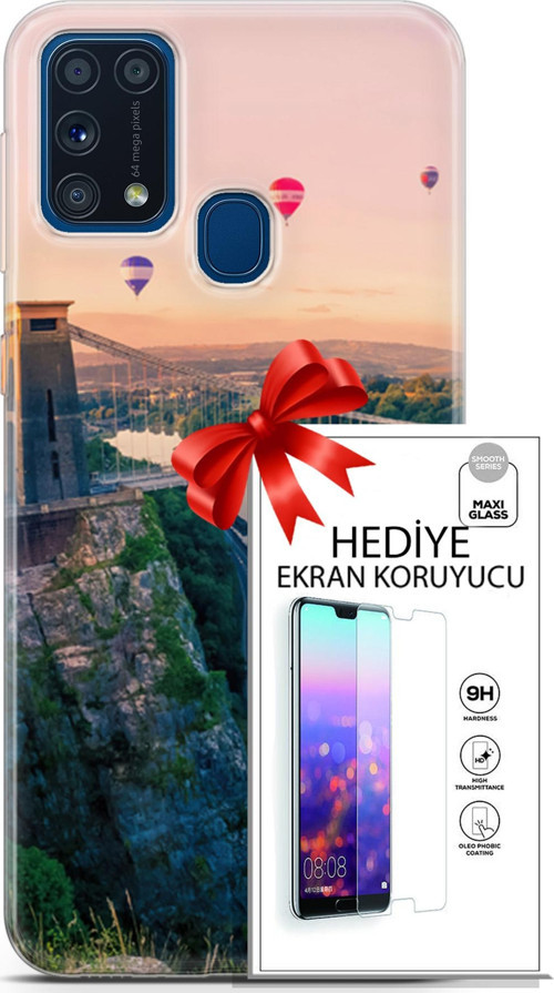 Samsung Galaxy M31 Kılıf Orijinal Seri Fantasy 07 Köprü Balonlar Desenli Kılıf + Ön Ekran Koruyucu