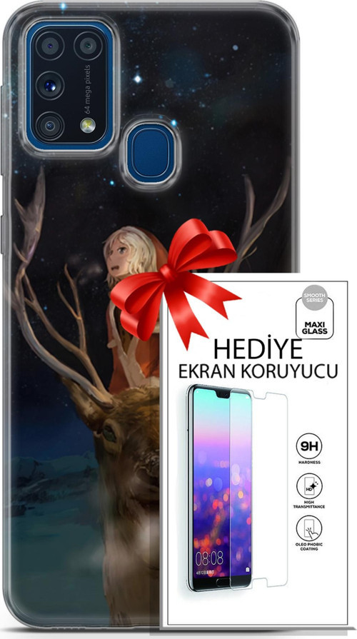 Samsung Galaxy M31 Kılıf Orijinal Seri Fantasy 18 Geyik Kız Parlak Kılıf + Ekran Koruyucu Full Koruma