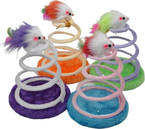 Ahşap Tabanlı Peluş Fareli Yaylı Spiral Kedi Oyuncağı