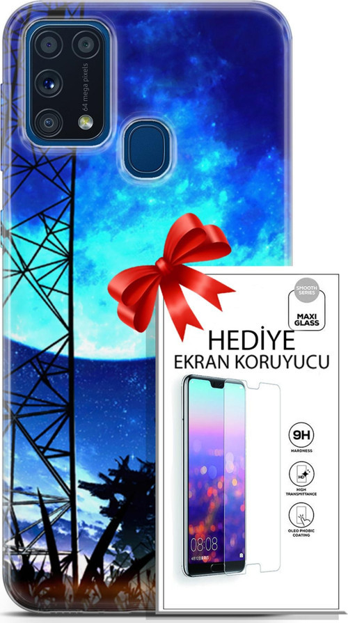 Samsung Galaxy M31 Kılıf Orijinal Seri Fantasy 24 Mavi Ay Darbe Emici Kılıf + Ekran Koruyucu