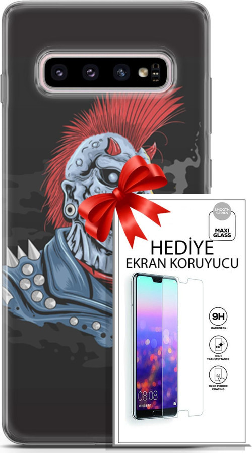 Samsung Galaxy S10 Plus Kılıf Orijinal Seri Punky 04 Punk Skeleton Silikon Kılıf + Ekran Koruyucu Fu