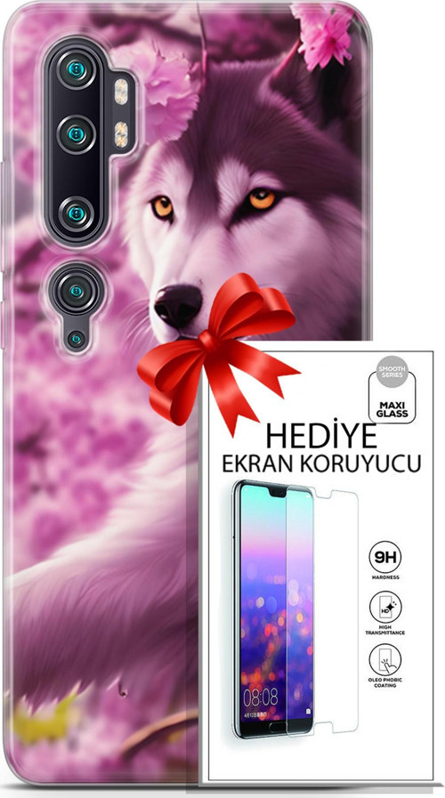 Xiaomi Mi Note 10 Pro Kılıf Orijinal Seri Dogs 02 Çiçekler Ve Kurt Kapak Ve Ekran Koruyucu
