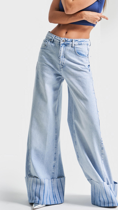 Kadın Kot Rengi 4s5-3 Palazzo Fit Paça Detaylı %100 Koton Orta Bel Tasarım Denim Jean