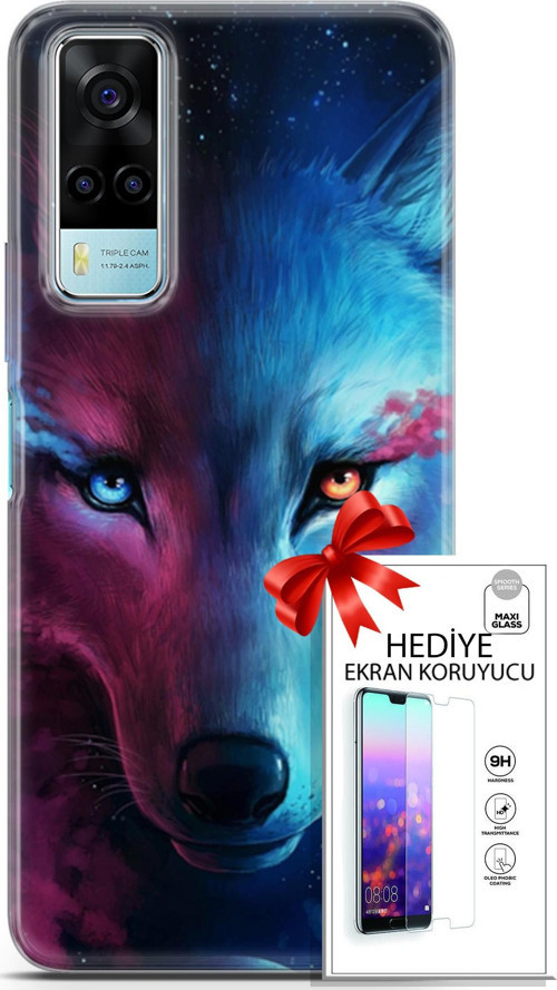 Vivo Y53S 4G Kılıf Orijinal Seri Cardano 18 Mavi Turuncu Göz Parlak Kılıf + Ekran Koruyucu Full Koruma
